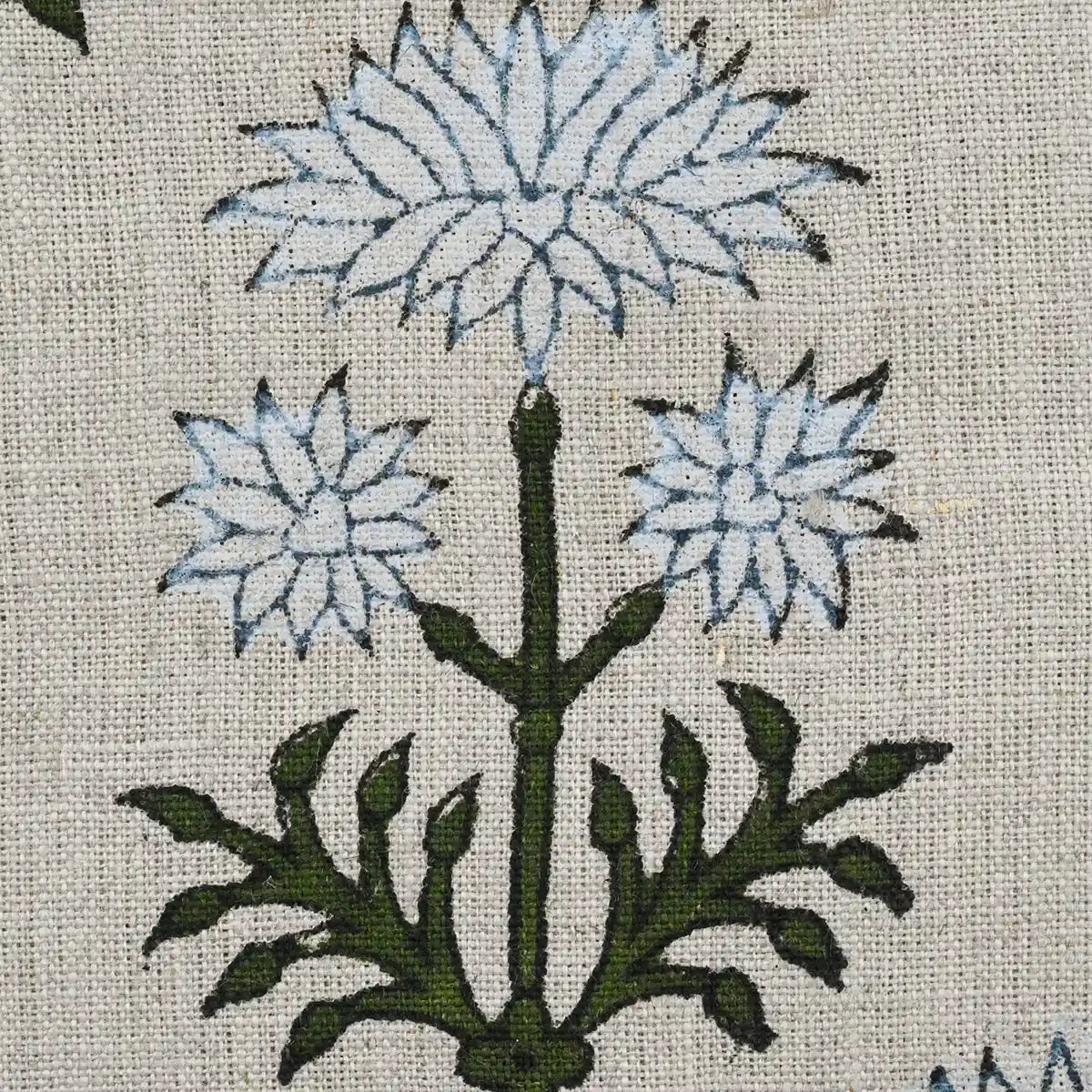 Sylvia Hand Block Printed Linen Fabric Swatch White-Green Linen Fabric