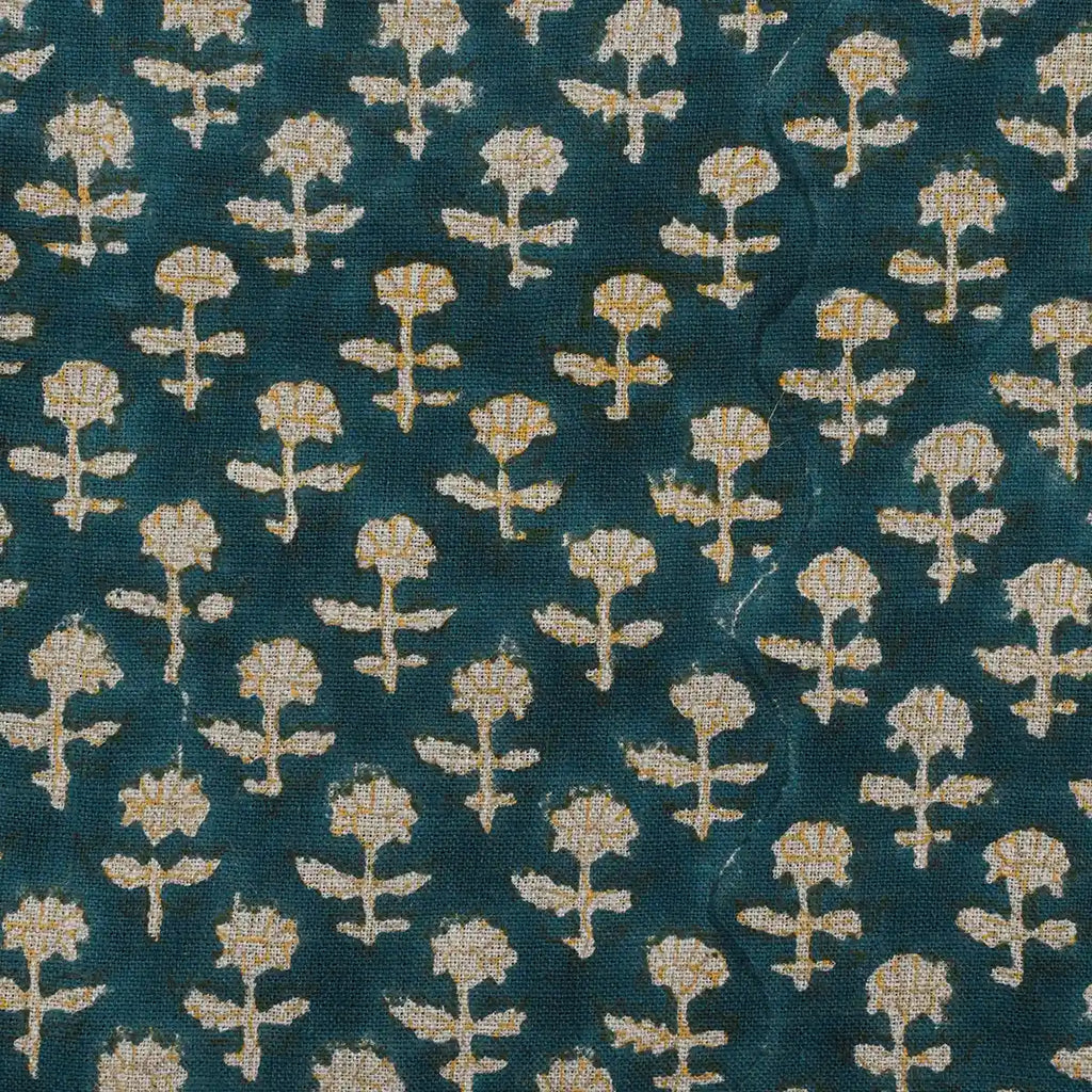 Iris Linen Block Print Yard Teal Blue Linen Fabric
