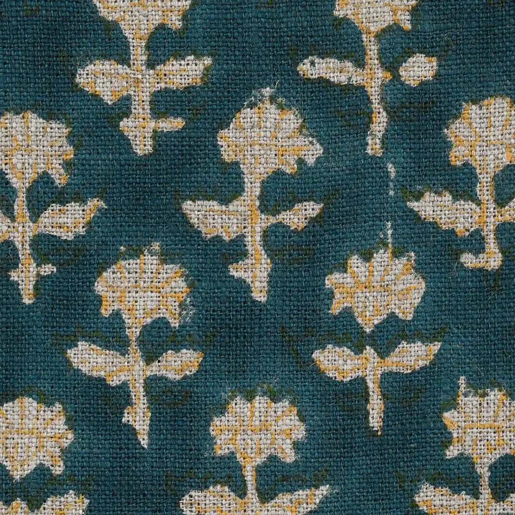 Iris Linen Block Print Swatch Teal Blue Linen Fabric