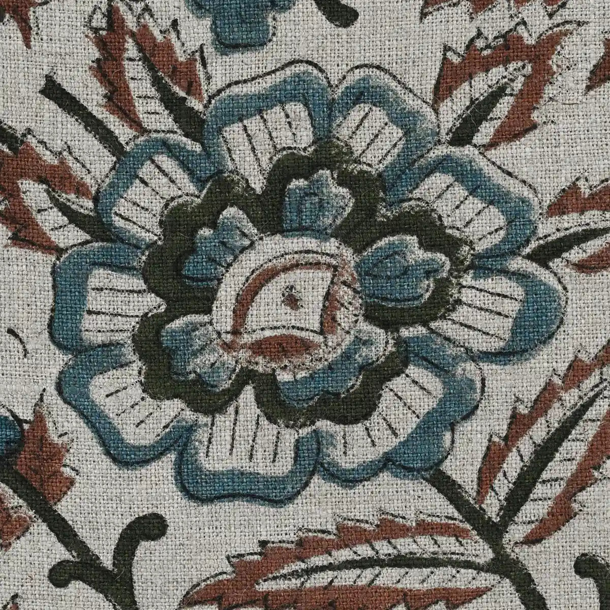 Cleo Block Print Linen Swatch Teal Blue Linen Fabric