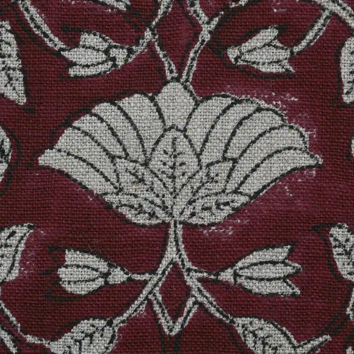 Tulip Flower Block Print Upholstery Fabric Swatch Wine Red Linen Fabric