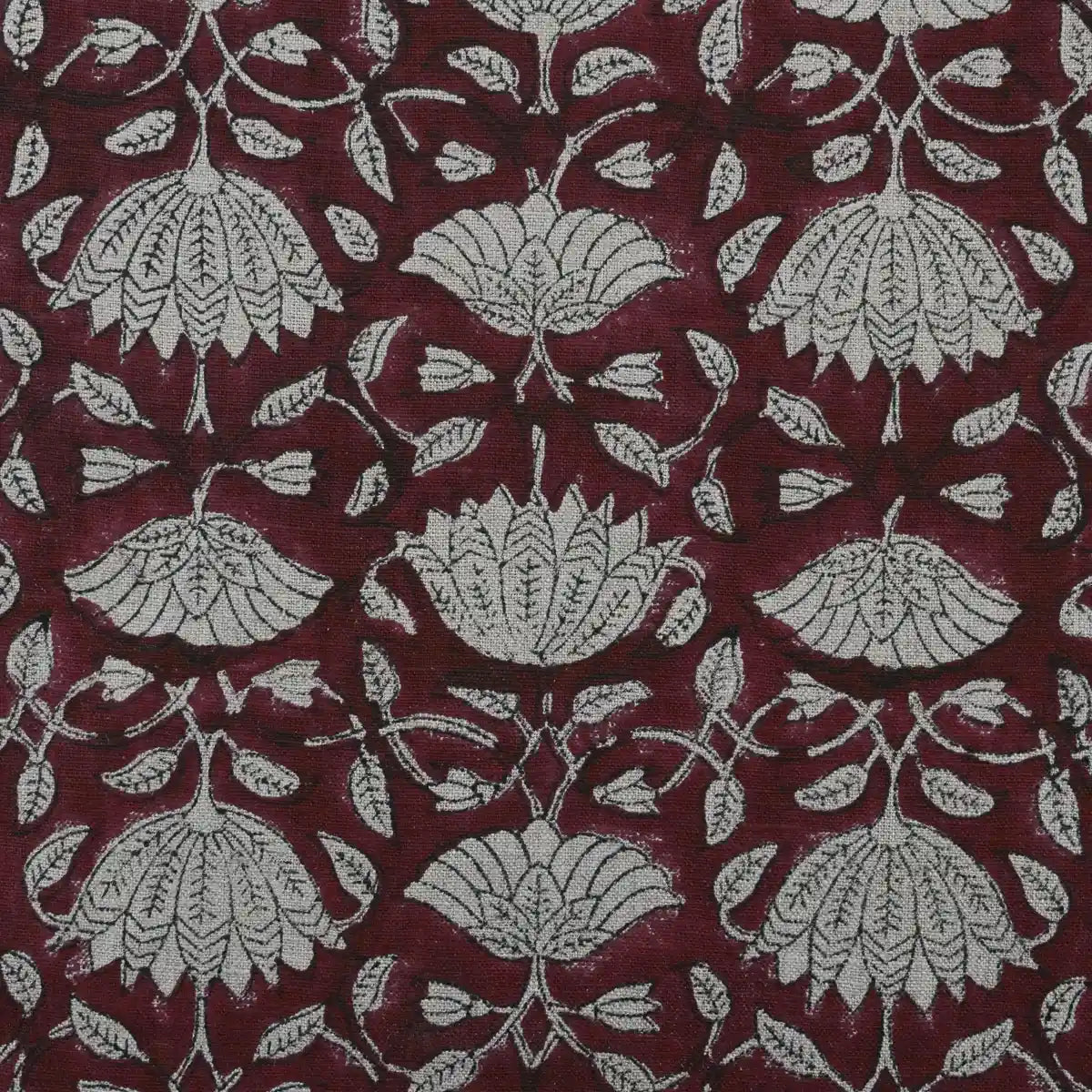 Tulip Flower Block Print Upholstery Fabric Yard Wine Red Linen Fabric