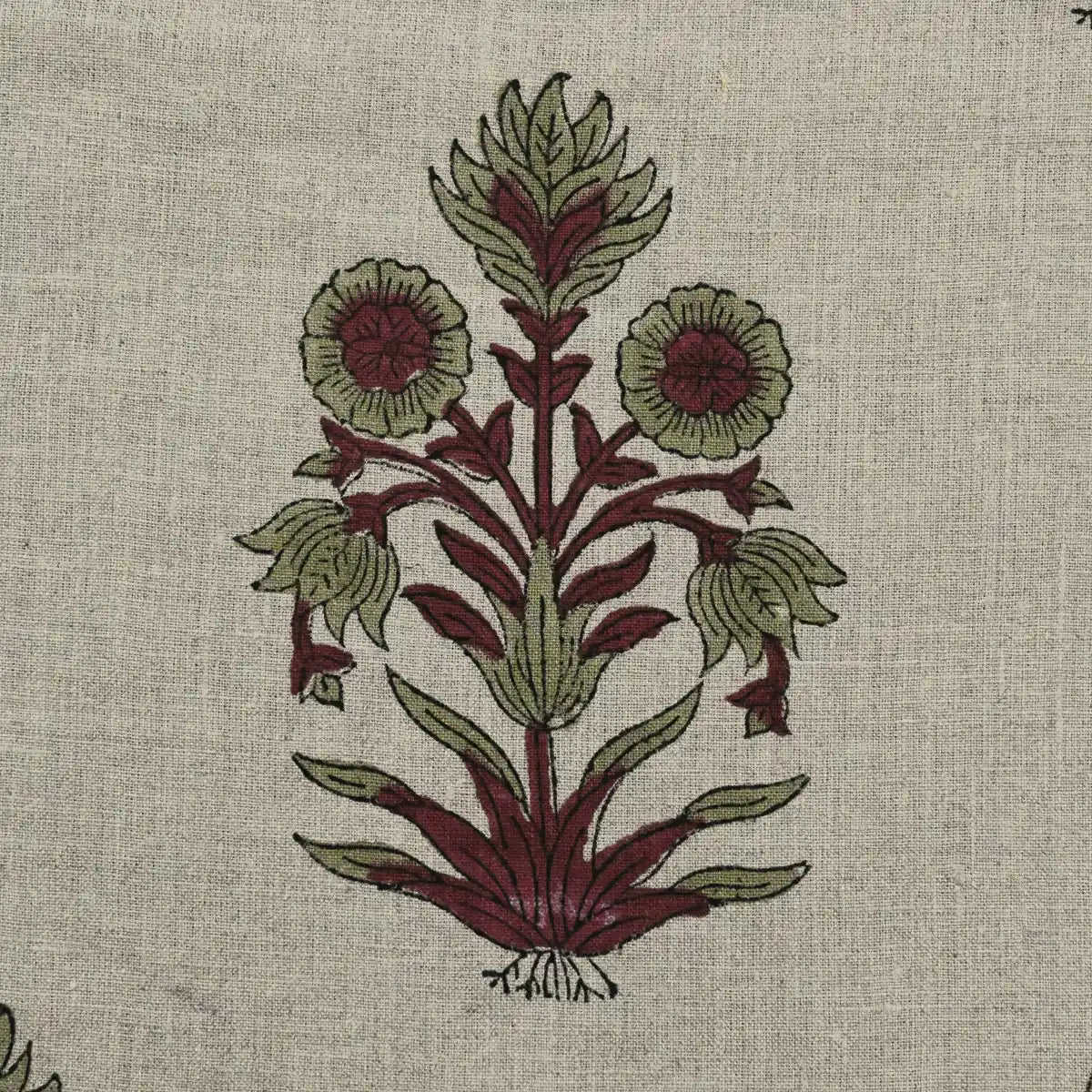 Marigold Hand Block Printed Linen Yard Natural Linen and Oxblood Linen Fabric