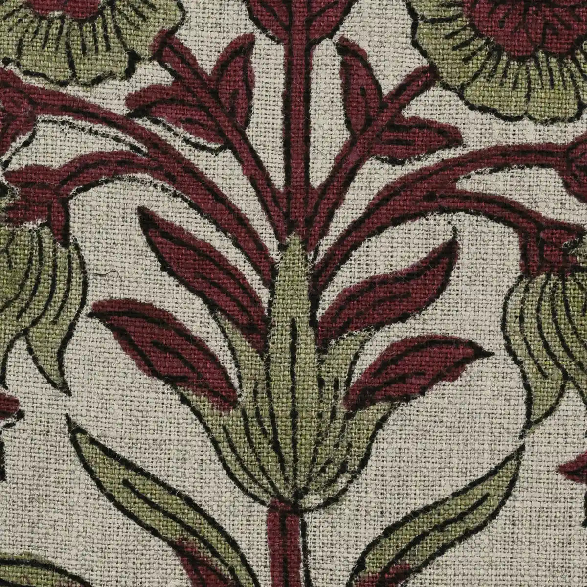 Marigold Hand Block Printed Linen Swatch Natural Linen and Oxblood Linen Fabric
