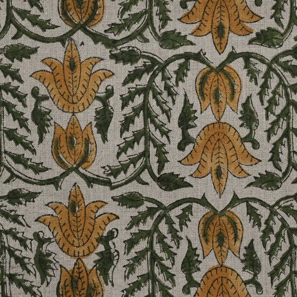 1 Yard Cut Out-Ria Hand Block Print Linen Fabric 1 Yard Mustard Black outline Linen Fabric