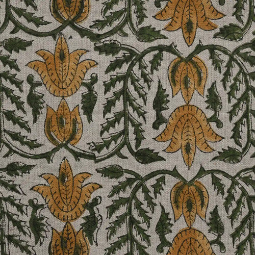 1 Yard Cut Out-Ria Hand Block Print Linen Fabric 1 Yard Mustard Black outline Linen Fabric