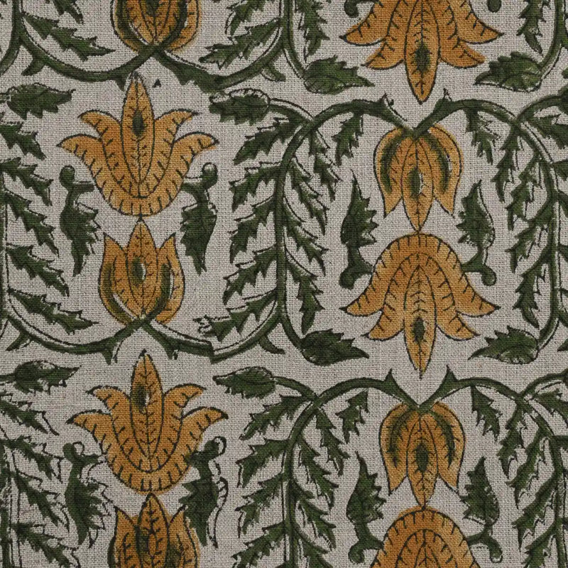 1 Yard Cut Out-Ria Hand Block Print Linen Fabric 1 Yard Mustard Black outline Linen Fabric
