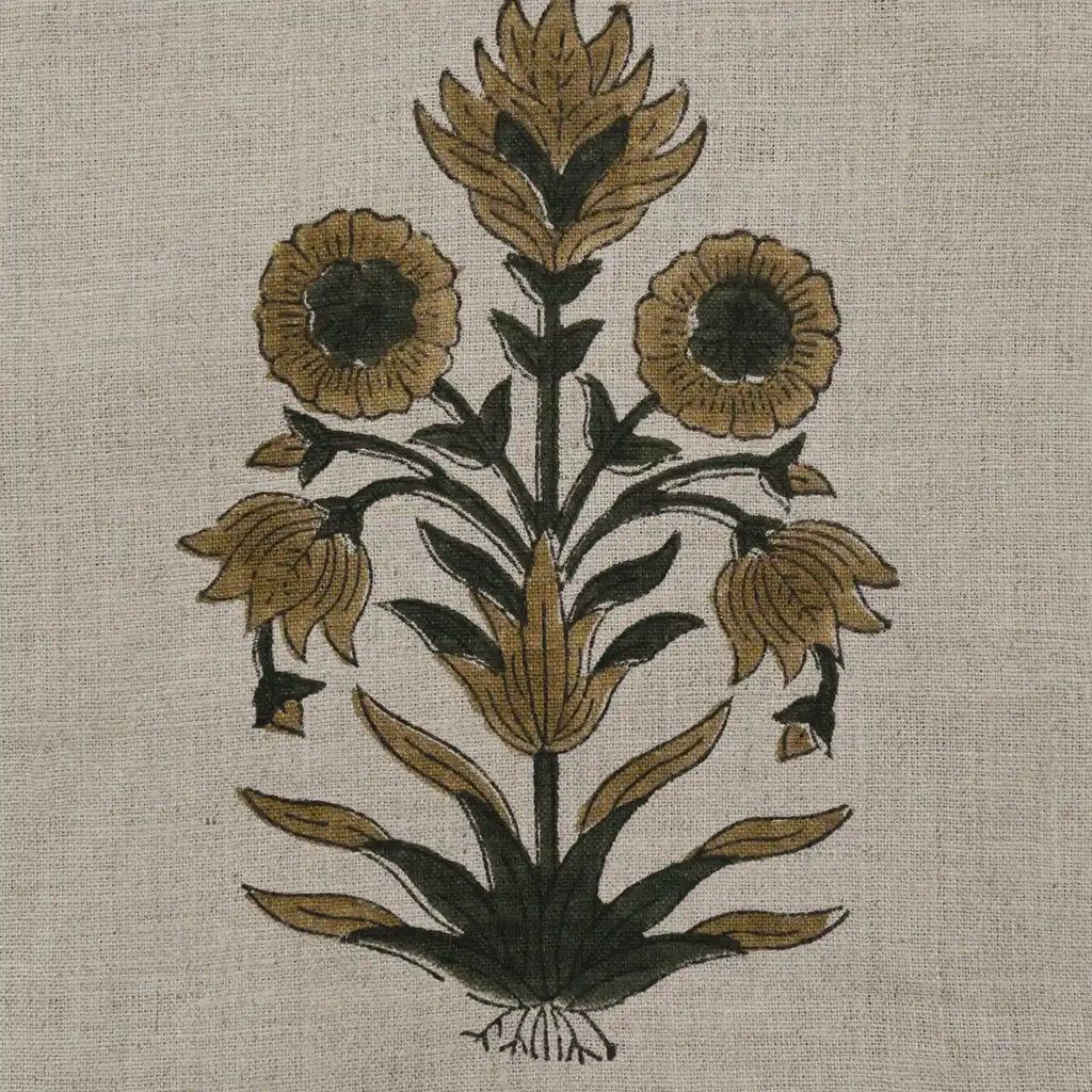 Marigold Hand Block Printed Linen Yard Olive Green Dark Green Black Beige Linen Fabric