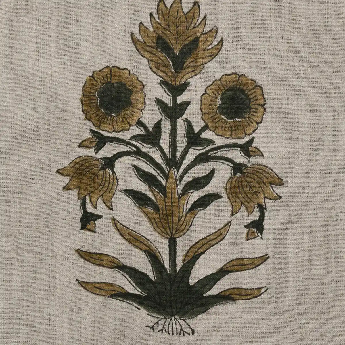 Marigold Hand Block Printed Linen Yard Olive Green Dark Green Black Beige Linen Fabric