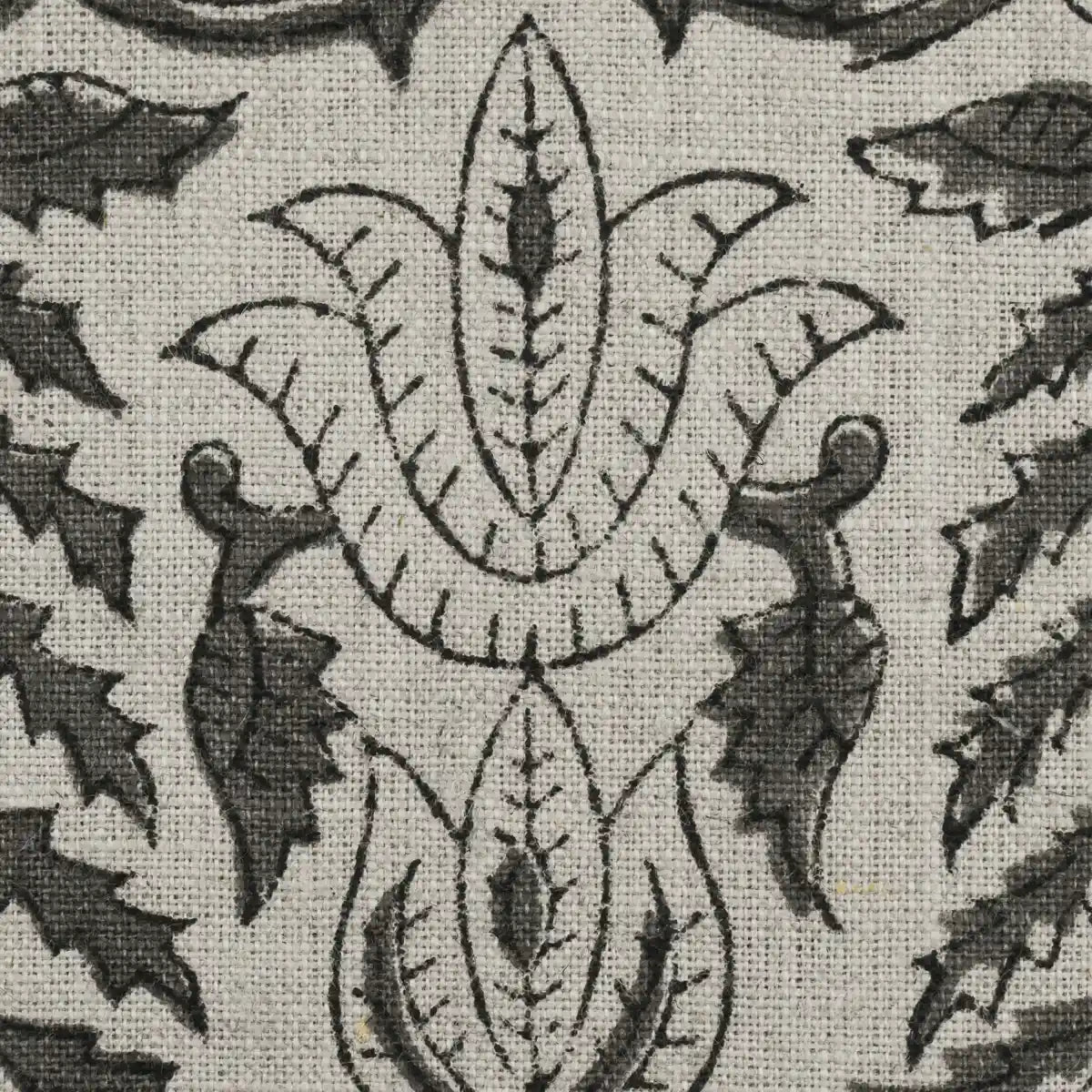 Ria Hand Block Print Linen Fabric For Upholstery and Curtains Swatch Olive Green Black Outline Linen Fabric