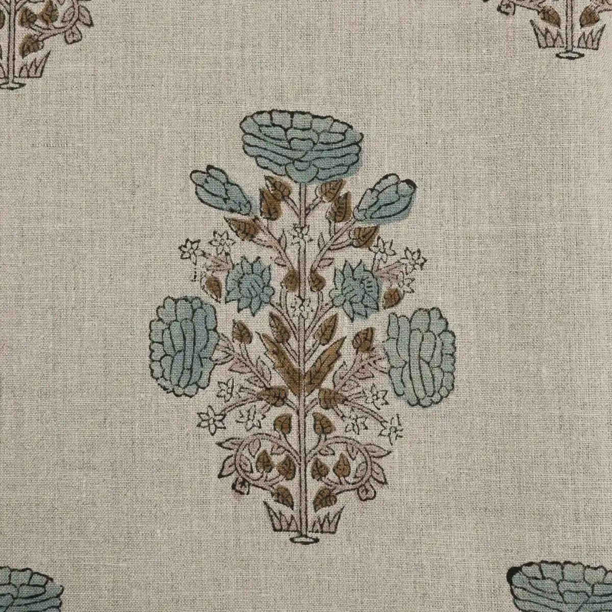 Nerina Floral Block Printed Linen Yard Teal Blue Brown Pink Linen Fabric