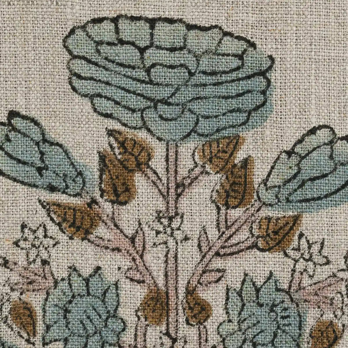Nerina Floral Block Printed Linen Swatch Teal Blue Brown Pink Linen Fabric