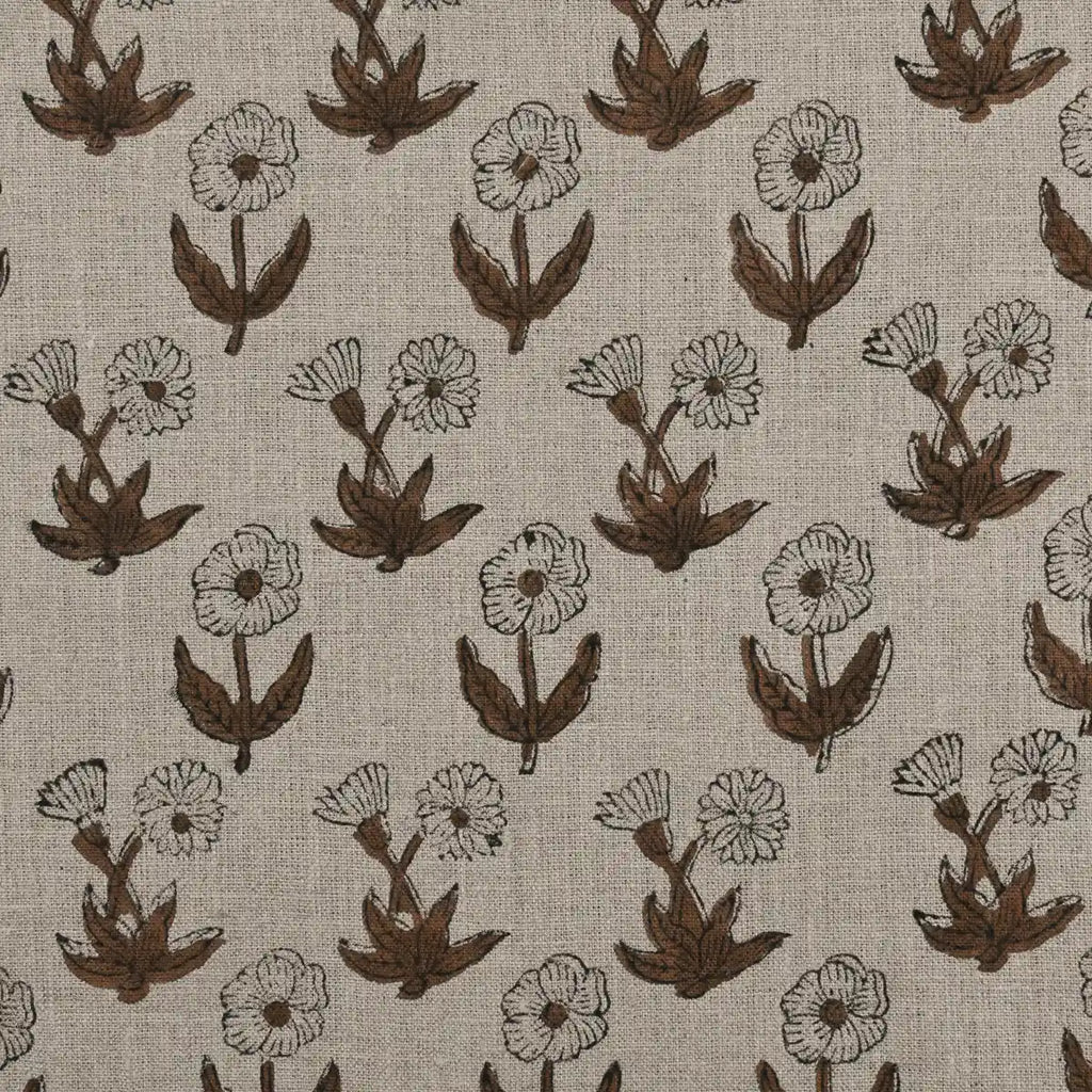 Madison Premium Hand Block Printed Linen Yard Natural Linen and Saddle Brown Linen Fabric