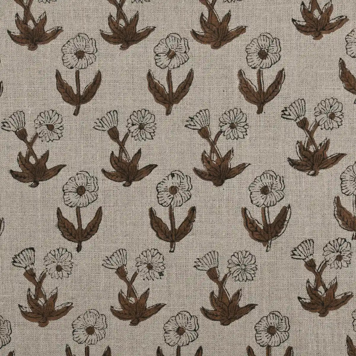 Madison Premium Hand Block Printed Linen Yard Natural Linen and Saddle Brown Linen Fabric