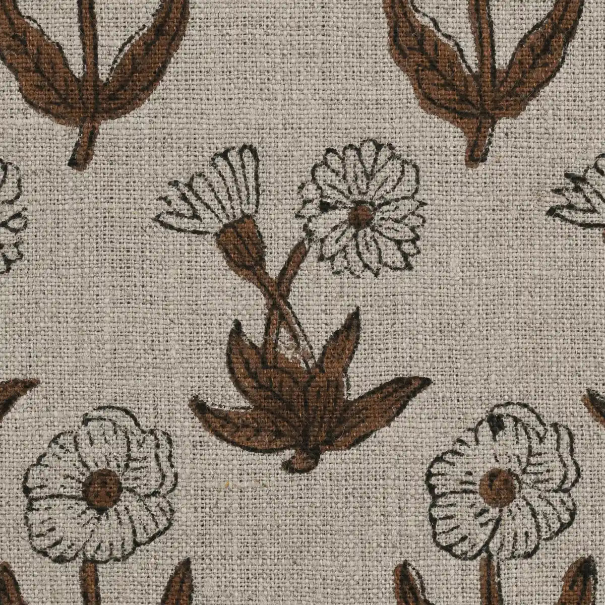 Madison Premium Hand Block Printed Linen Swatch Brown Black Outline Linen Fabric