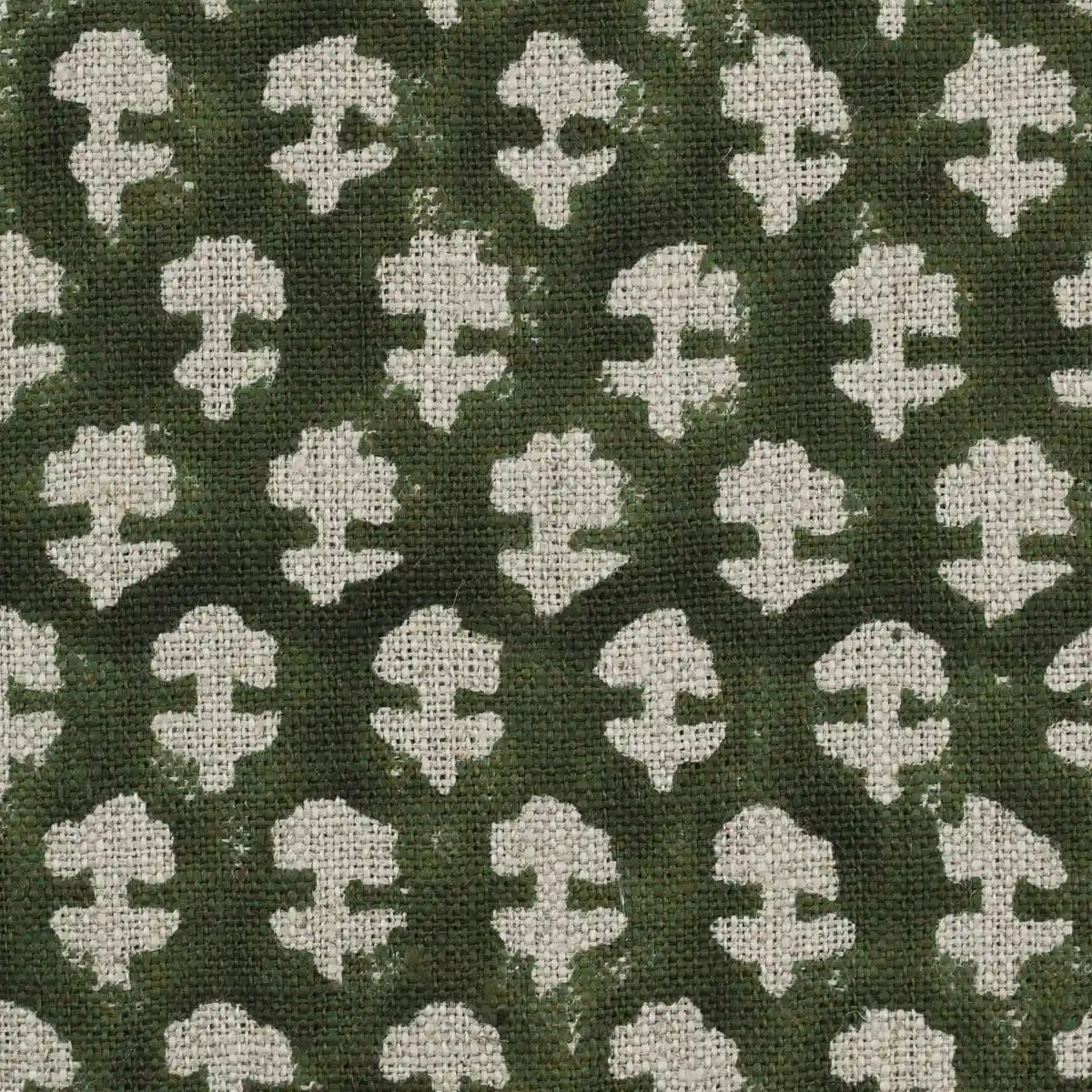 Riley Block Printed Linen Upholstery Fabric Swatch Forest Green Linen Fabric