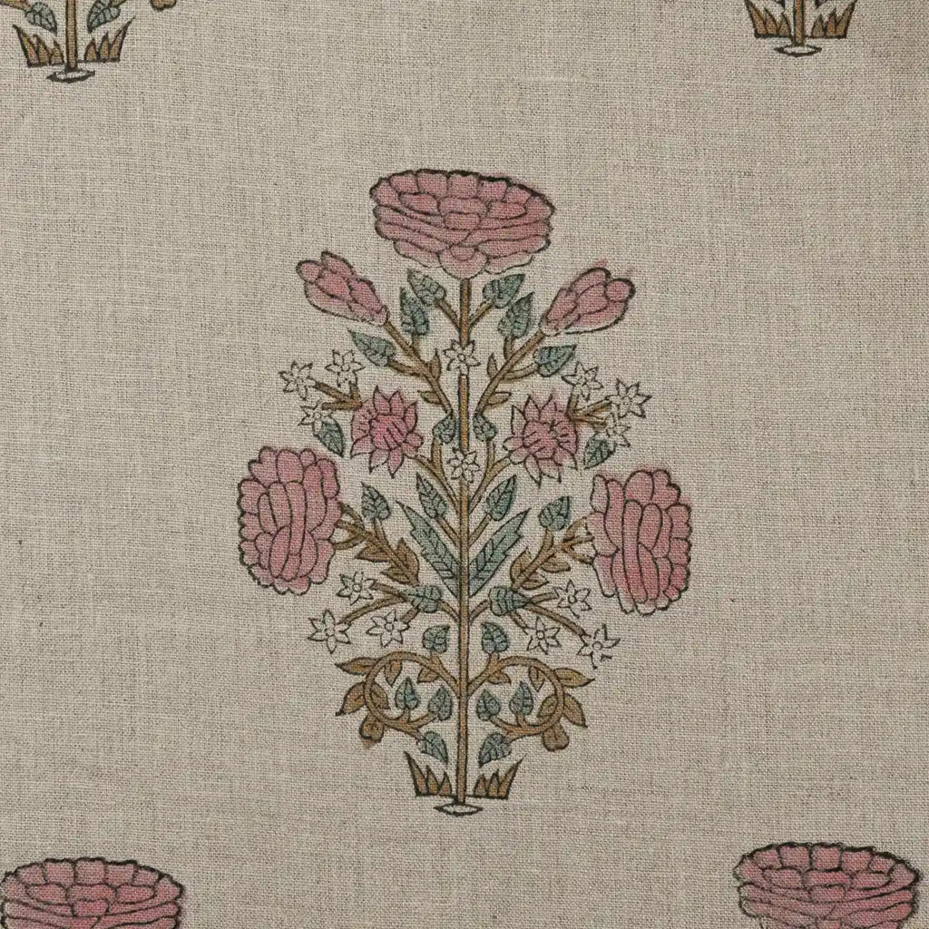 Nerina Floral Block Printed Linen Yard Pink Blue Olive Green Linen Fabric