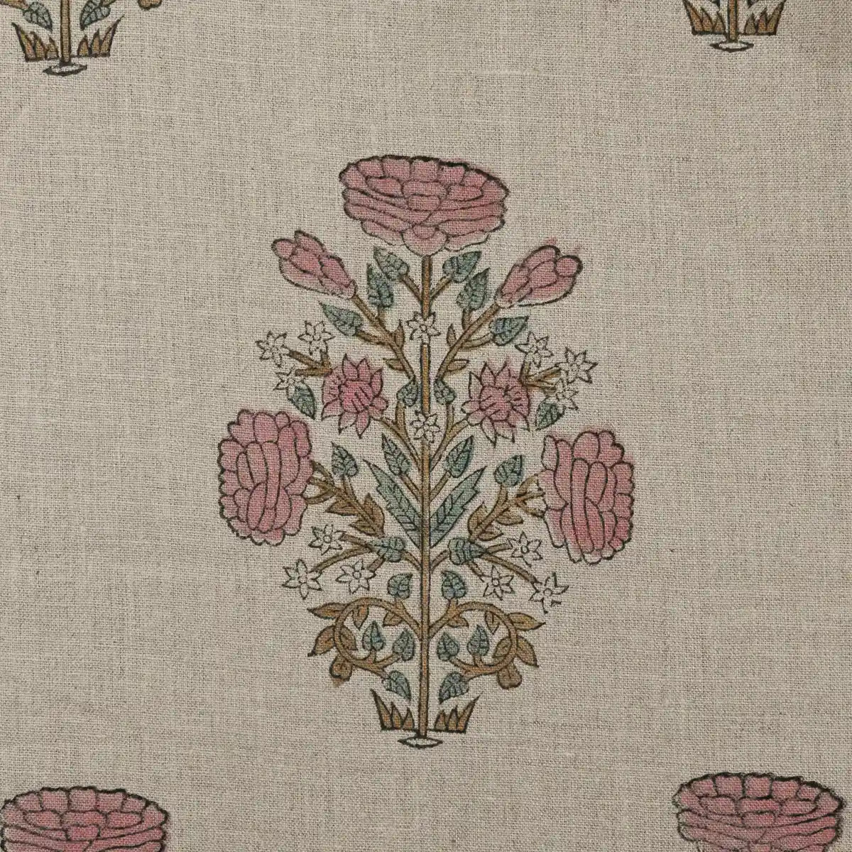 Nerina Floral Block Printed Linen Yard Pink Blue Olive Green Linen Fabric