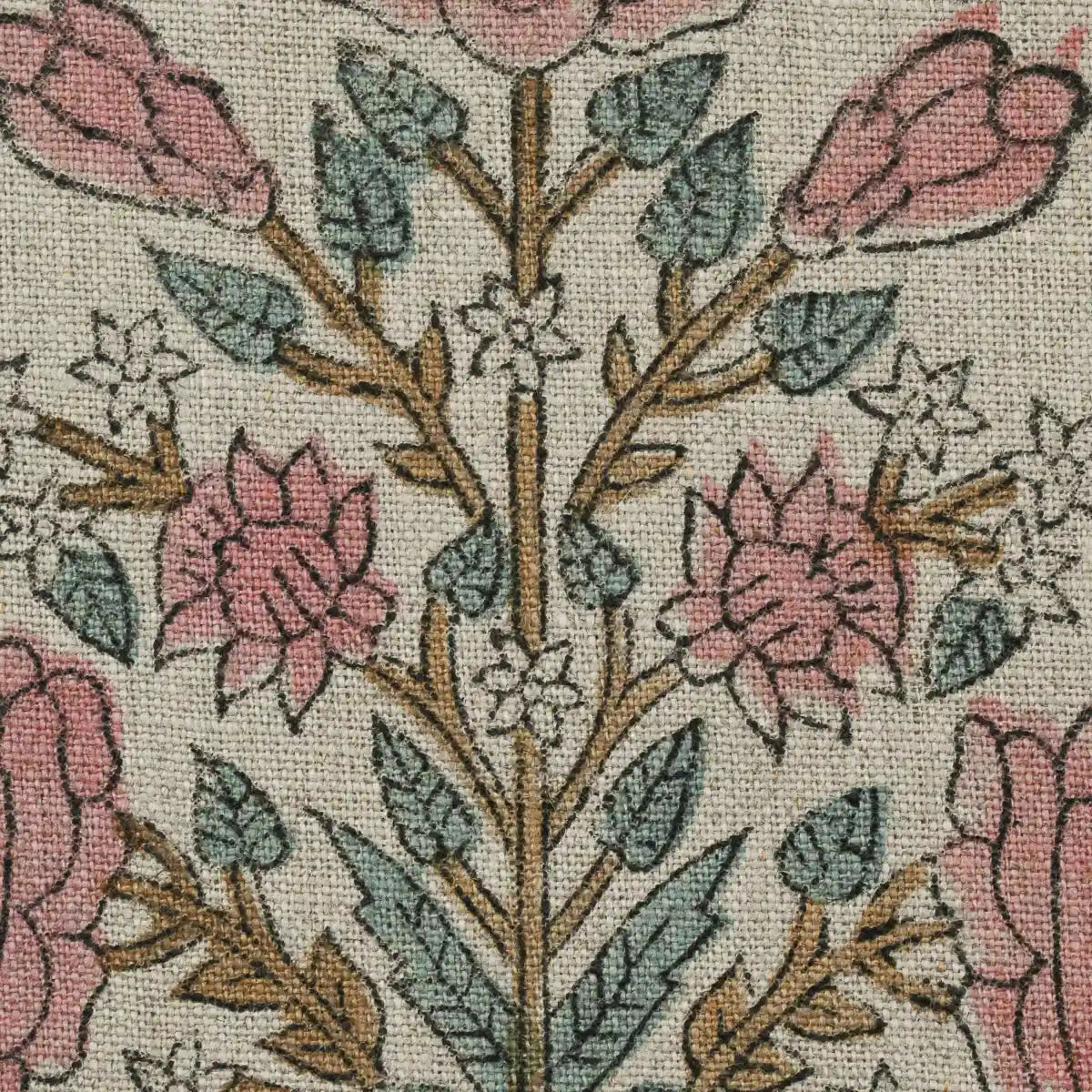 Nerina Floral Block Printed Linen Swatch Pink Blue Olive Green Linen Fabric