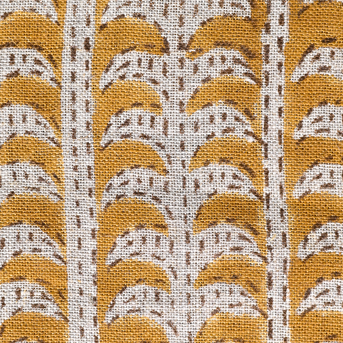 Dixie Hand Block Print Linen Fabric Swatch Mustard Brown Outline Linen Fabric