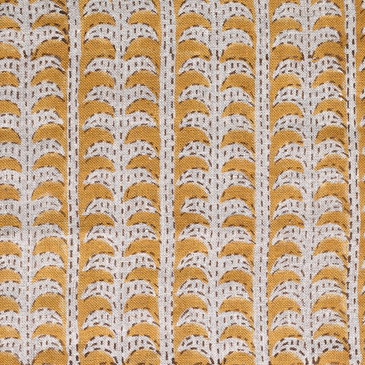 Dixie Hand Block Print Linen Fabric Yard Mustard Brown Outline Linen Fabric