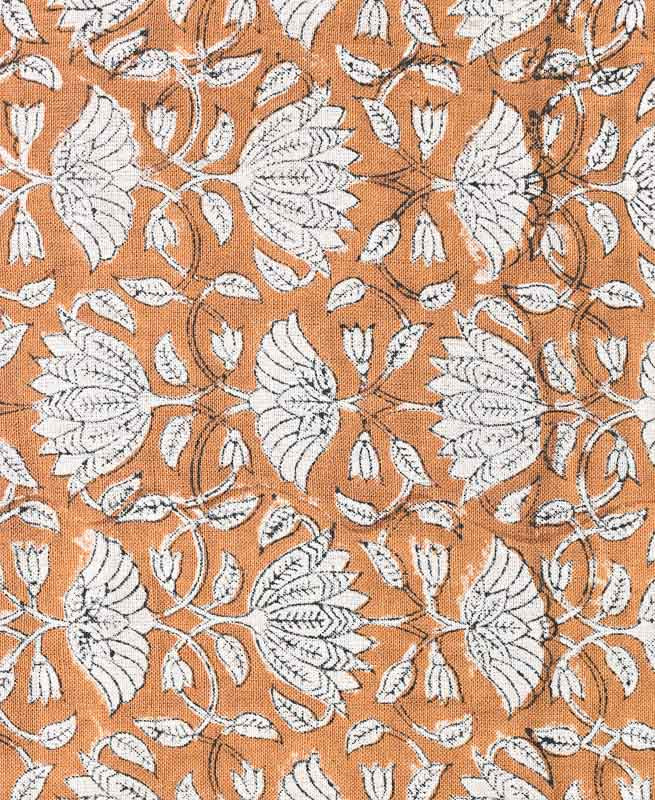 Tulip Flower Block Print Upholstery Fabric Mustard Off-White Linen Fabric