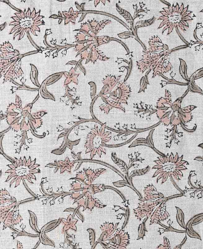 Cora Hand Block Printed Linen Sage Green Pink Black Outline Linen Fabric