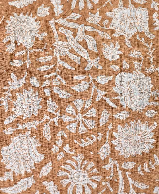 Bradley Hand Block Printed Linen Upholstery Fabric Mustard Brown Outline Linen Fabric