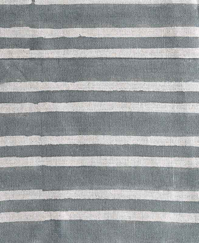 Natural Block Multistripes Heavy Linen Fabric for Upholstery - Teal Blue Linen Fabric