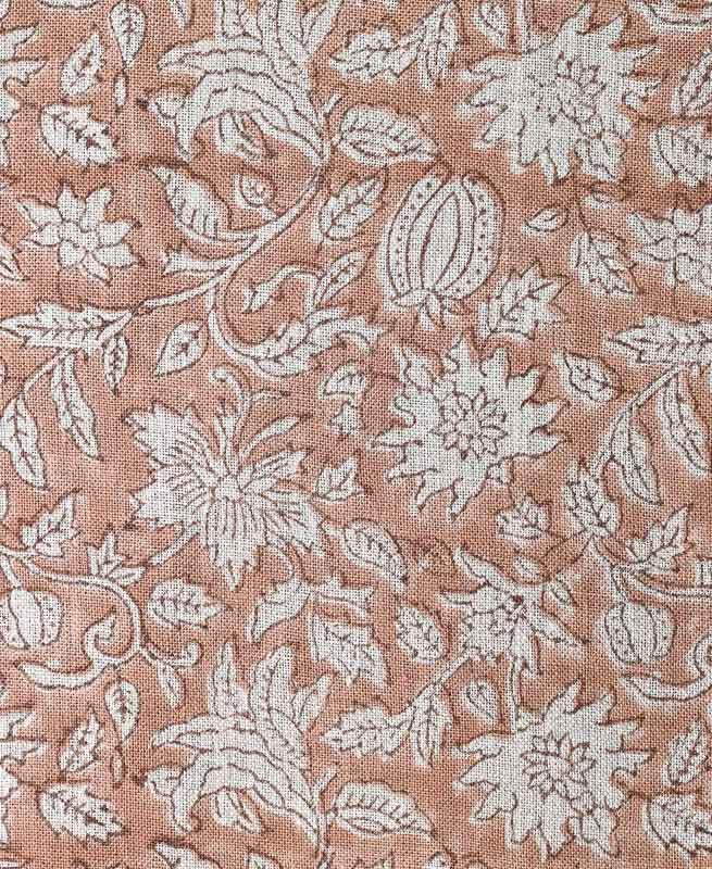 Caleb Hand Block Printed Linen Fabric Tan Dark Brown Outline Off-White Linen Fabric