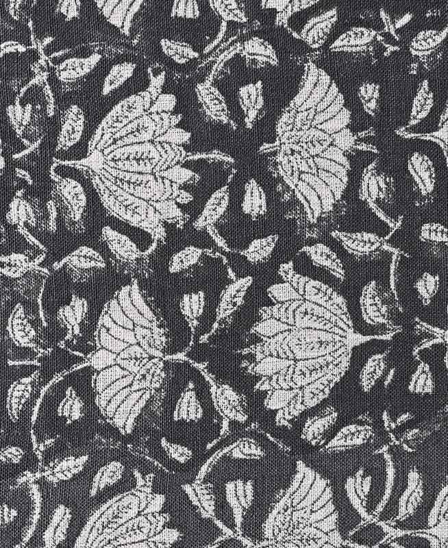 Tulip Flower Block Print Upholstery Fabric Black Off-White Linen Fabric