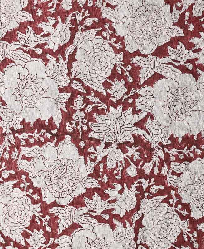 Charlie Block Print Handloom Linen Fabric Wine Red Linen Fabric