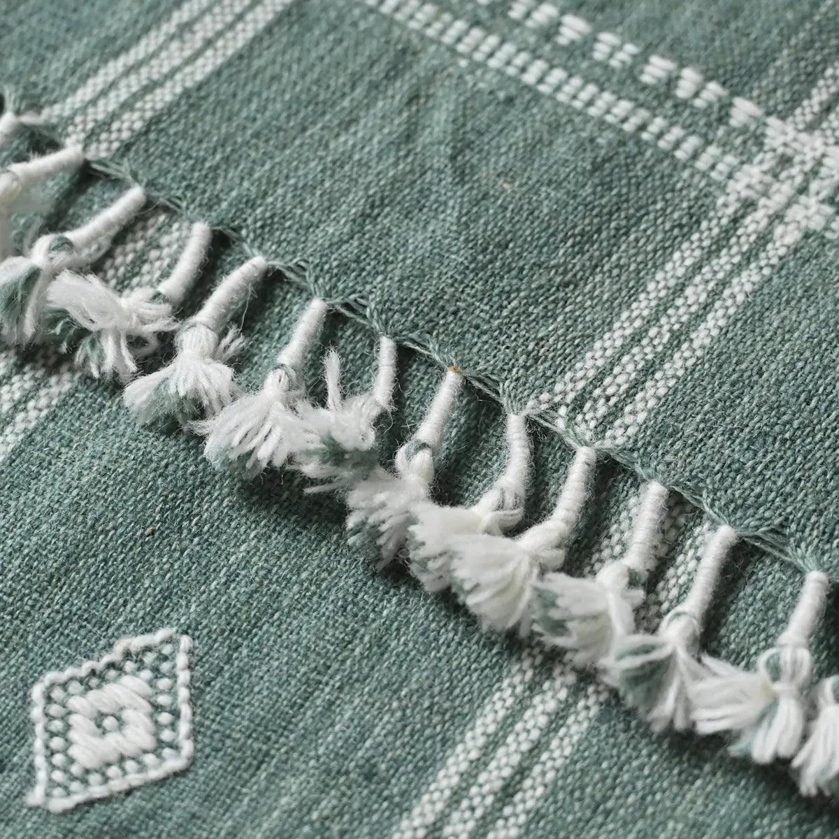 Handwoven Vintage Bhujodi Bed Throw Deep Olive Green Handloom Throws