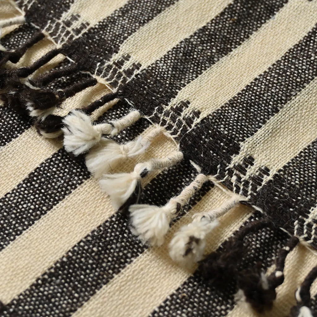 Handwoven Vintage Bhujodi Bed Throw -Black and Biege Stripes - 24" x 80" Handloom Throws