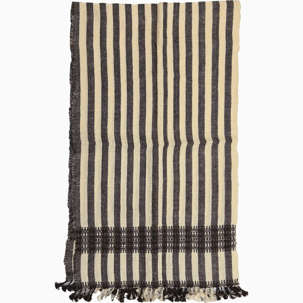 Handwoven Vintage Bhujodi Bed Throw -Black and Biege Stripes - 24" x 80" Handloom Throws