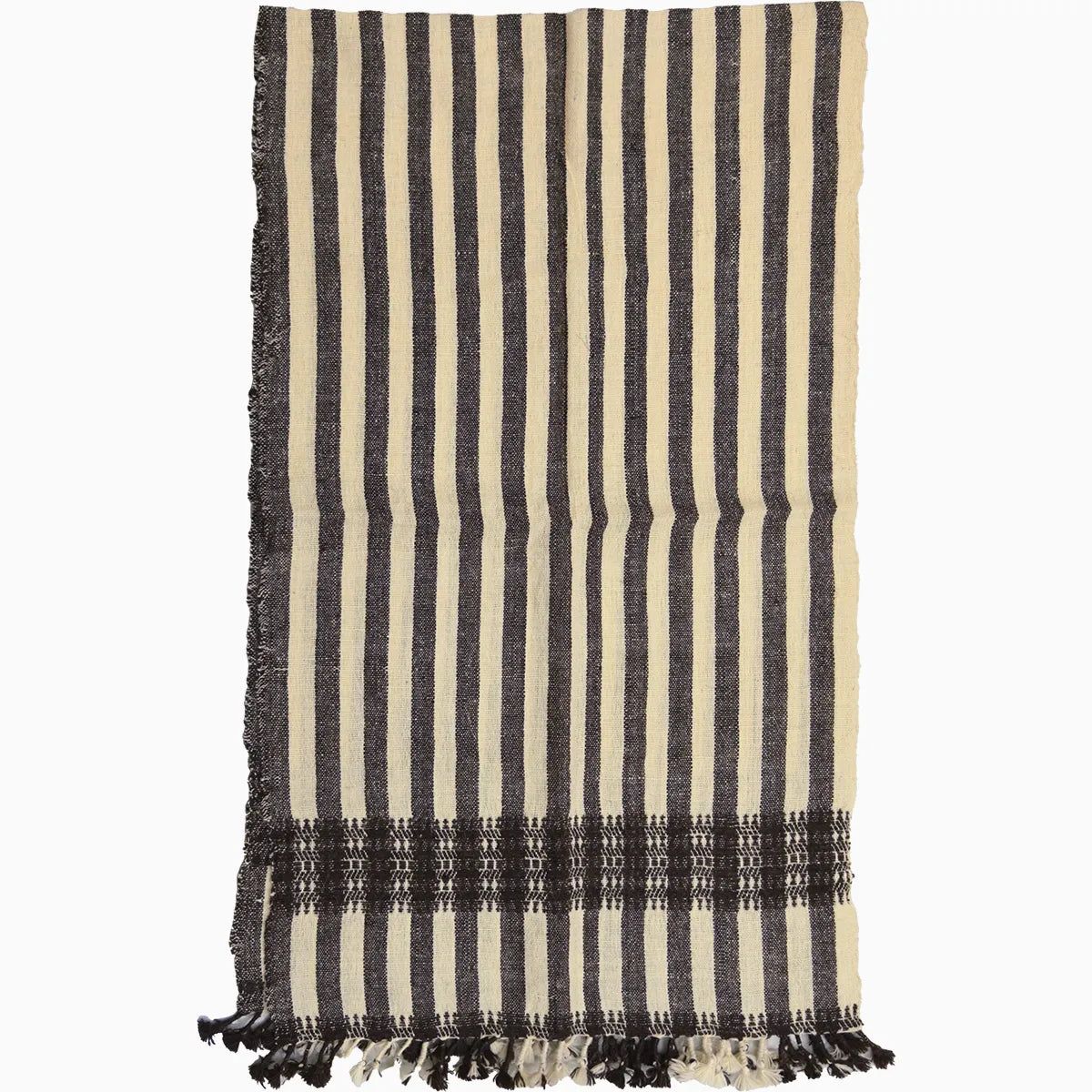 Handwoven Vintage Bhujodi Bed Throw -Black and Biege Stripes - 24" x 80" Handloom Throws