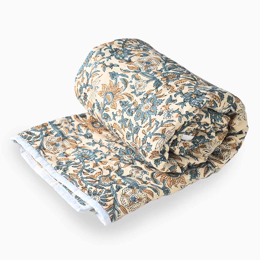 Floral-patterned quilt on a white background