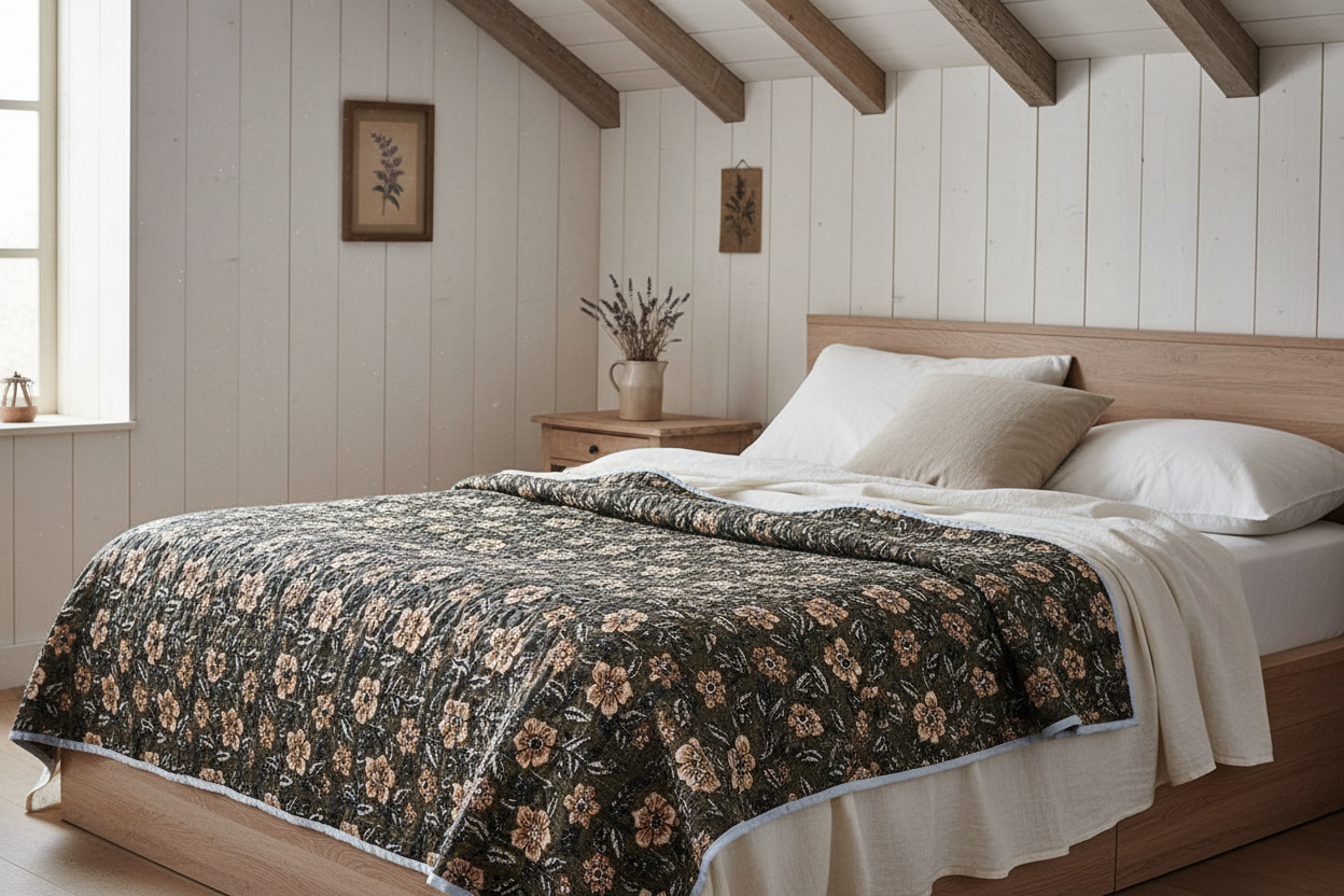 Anemone Hand Block Printed Quilt Quilts