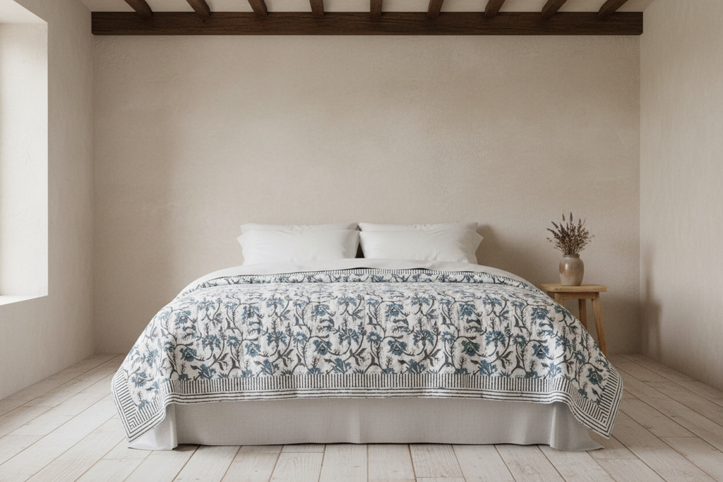 Geranium Hand Block Printed Quilt Quilts