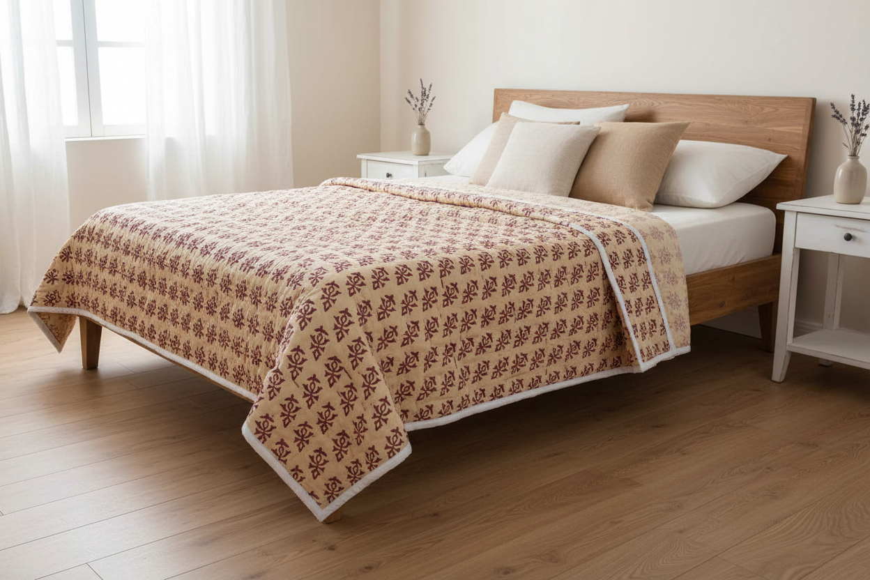 Hydrangea Hand Block Printed Quilt Quilts