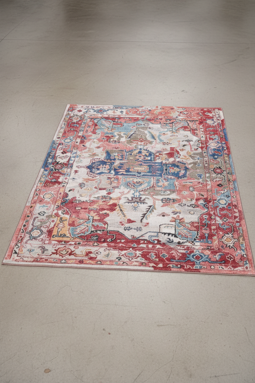 Decorative rug with intricate patterns in red, blue, and beige on a white background
