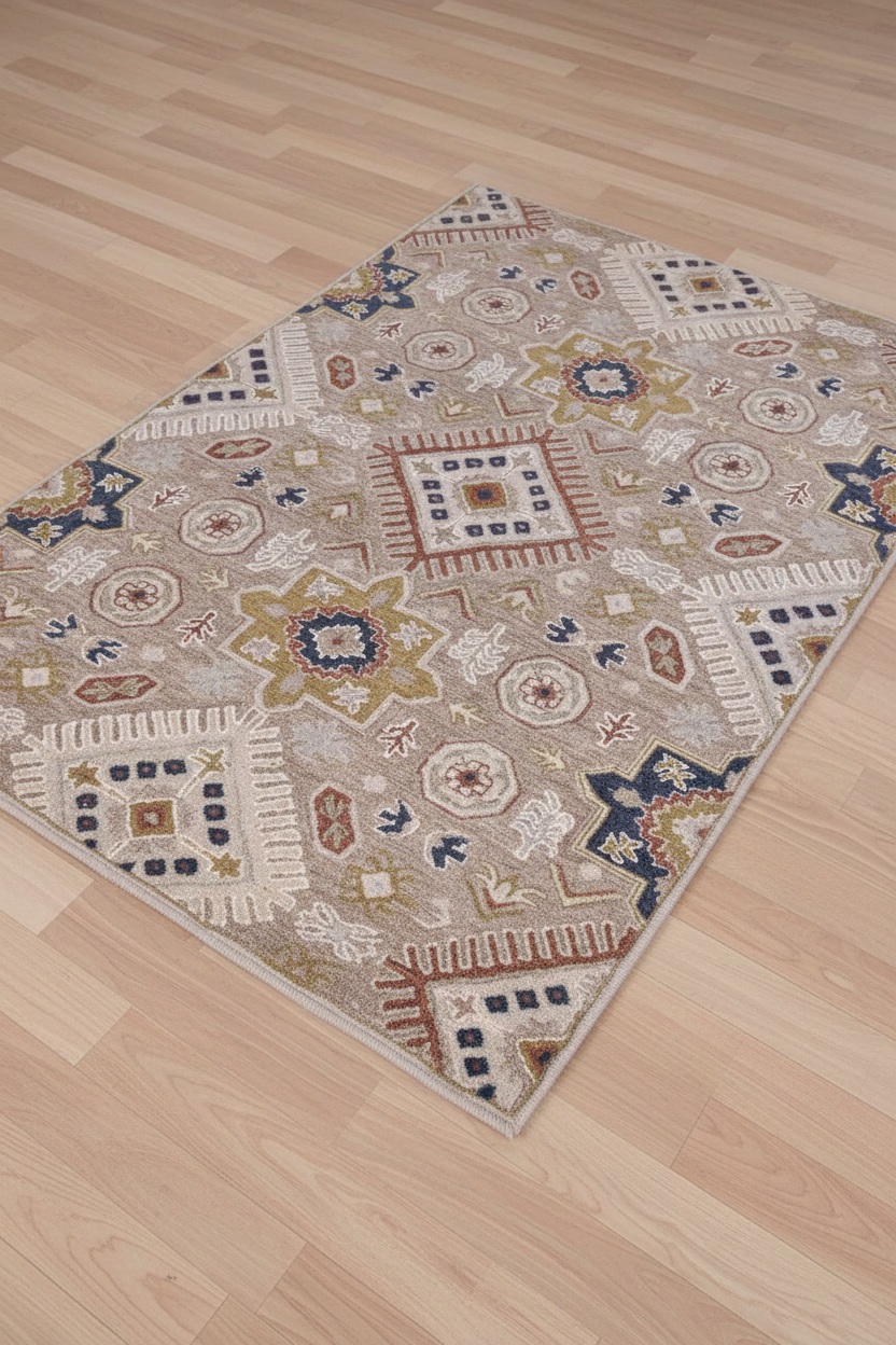 Decorative rug with geometric pattern on a plain background