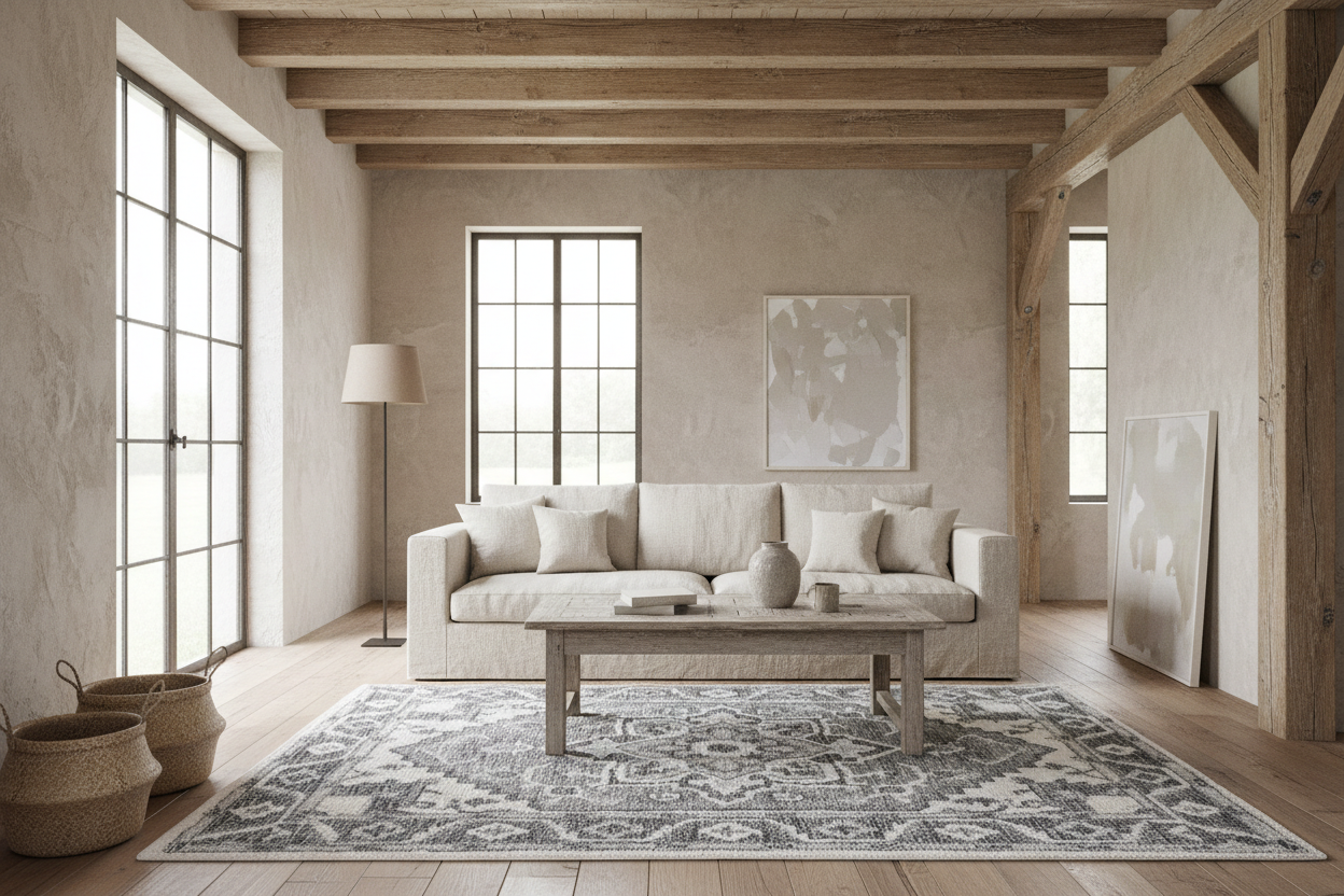 Decorative rug with a central medallion design on a white background