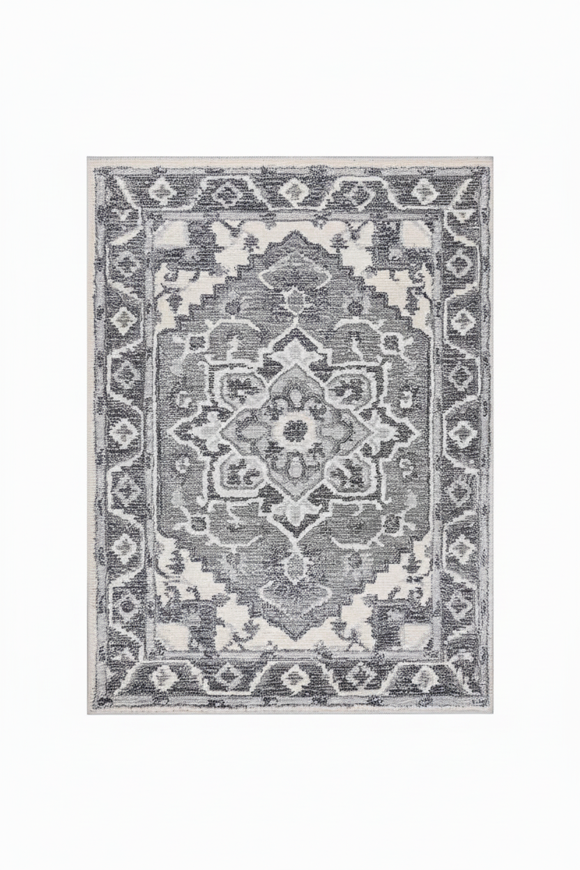 Decorative rug with a central medallion design on a white background