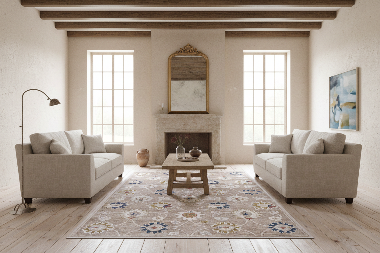 Decorative rug with floral pattern on a beige background