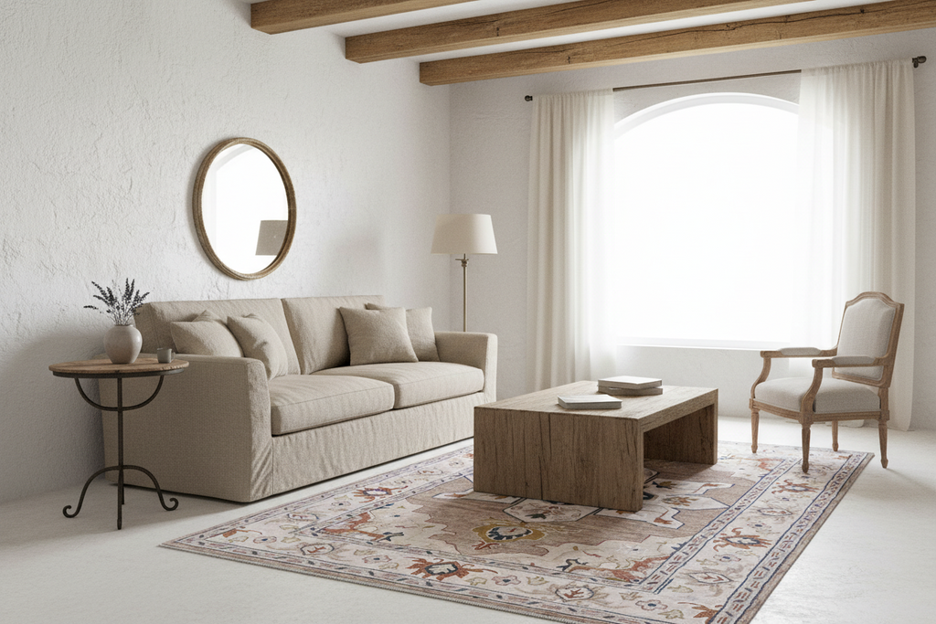 Decorative area rug with intricate patterns on a white background