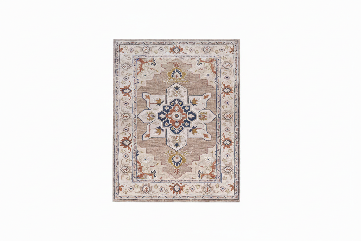 Decorative area rug with intricate patterns on a white background