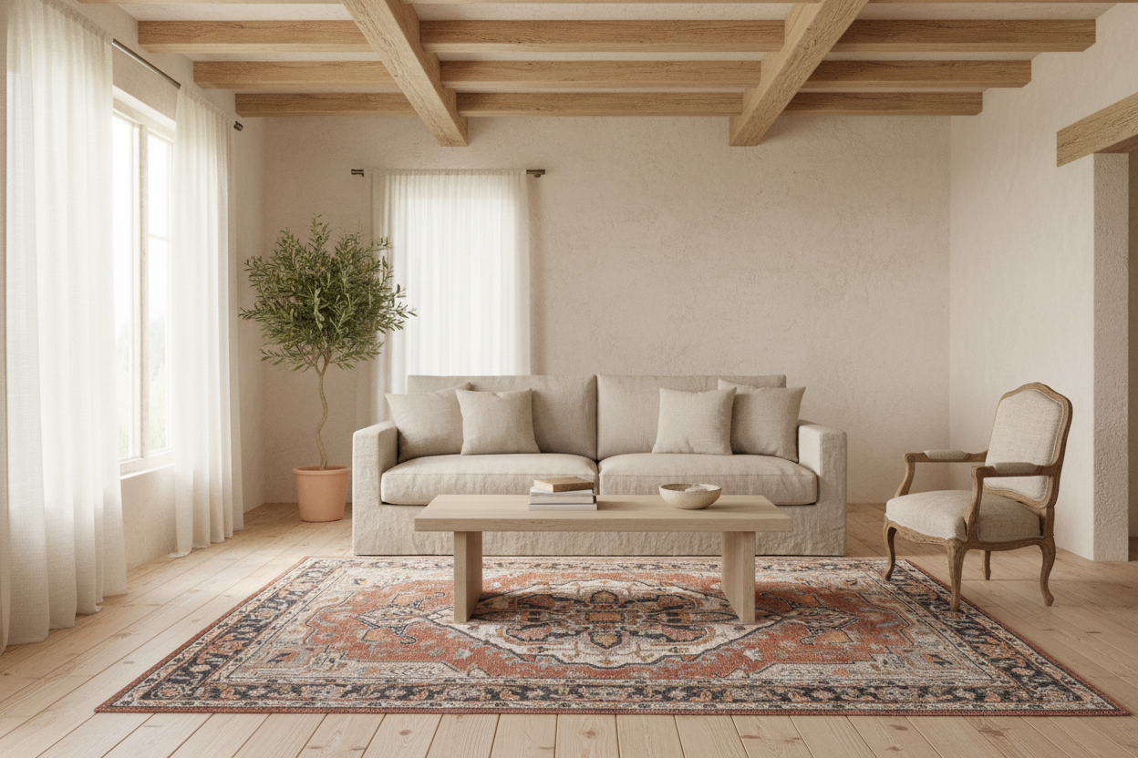 Decorative rug with intricate pattern on a white background