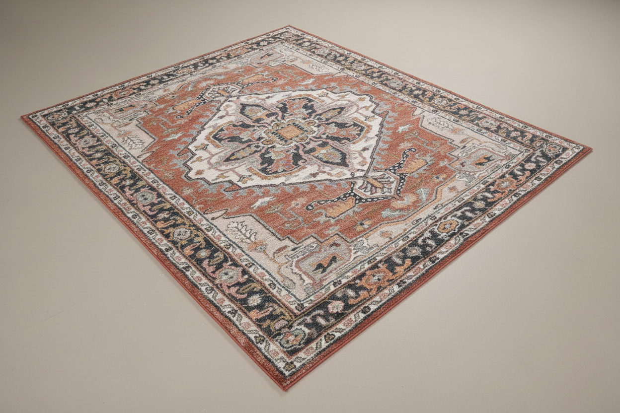 Decorative rug with intricate pattern on a white background