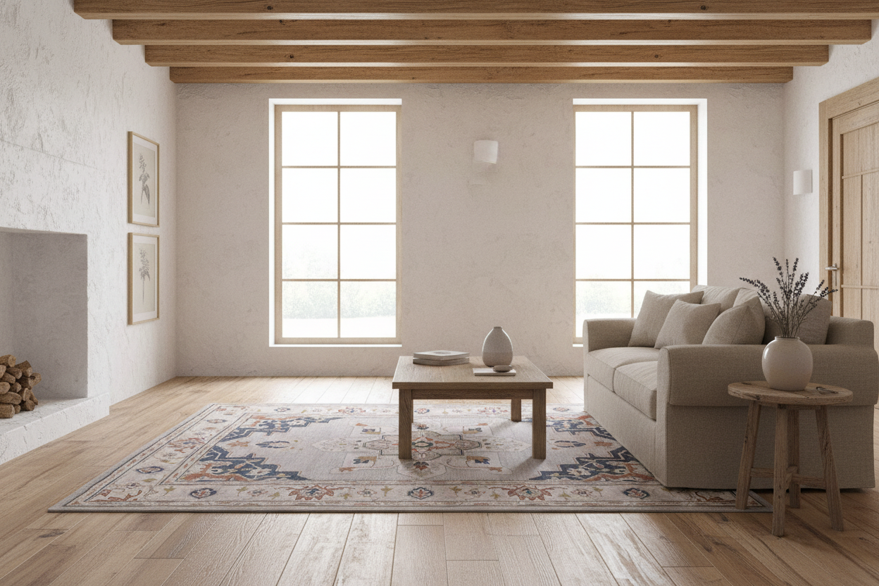 Decorative rug with intricate patterns on a plain background